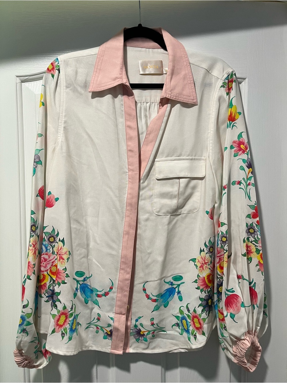 Floral White Blouse with Pink Trim and Long Sleeves